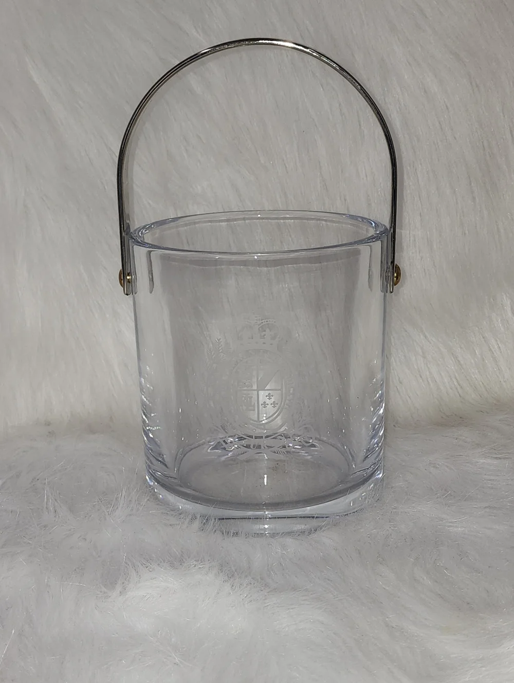 RALPH LAUREN CRYSTAL ICE BUCKET CLEAR WITH GOLD METAL HANDLE CLASSIC CREST LOGO